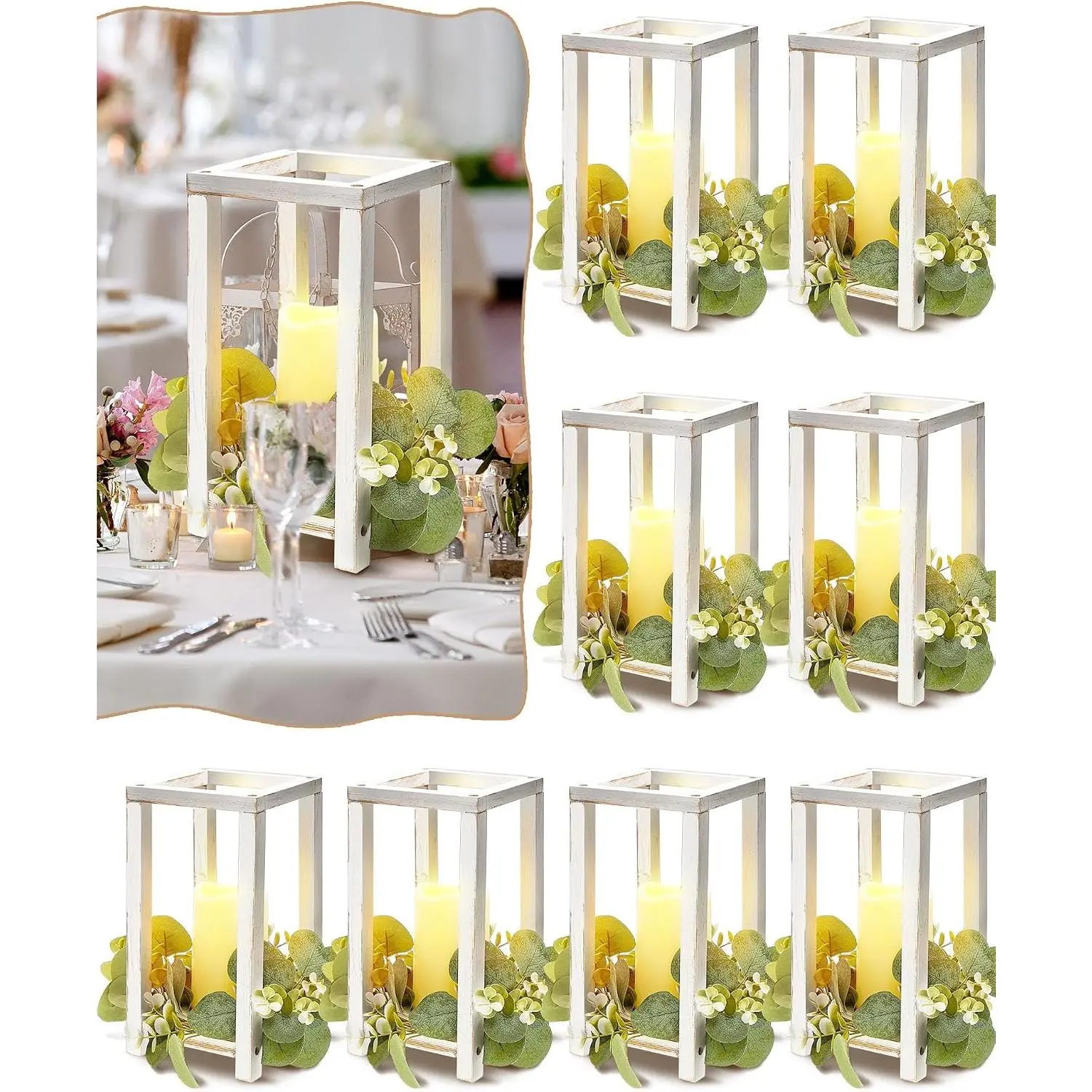 16 Pcs Wooden Wedding Lantern Centerpiece Includes 8 Rustic Wooden Lantern Centerpiece and 8 Flameless Candle Holder for Farmhouse Rustic Table Decorations Party Gift(White)