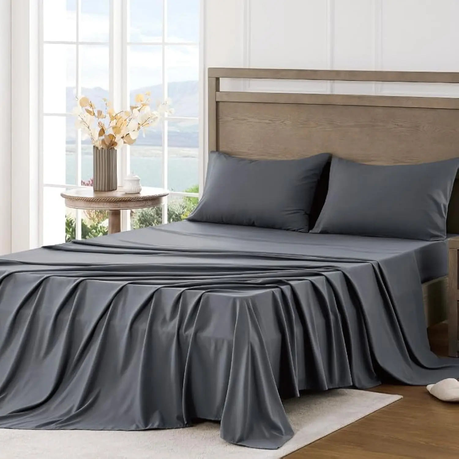 Queen Sheet Set - Ultra Soft Sheets for Queen Size Bed - Brushed Microfiber - Deep Pockets - Easy Care - Cooling & Breathable - 4 Pieces Hotel Luxury Queen Bed Sheets (Dark Grey)