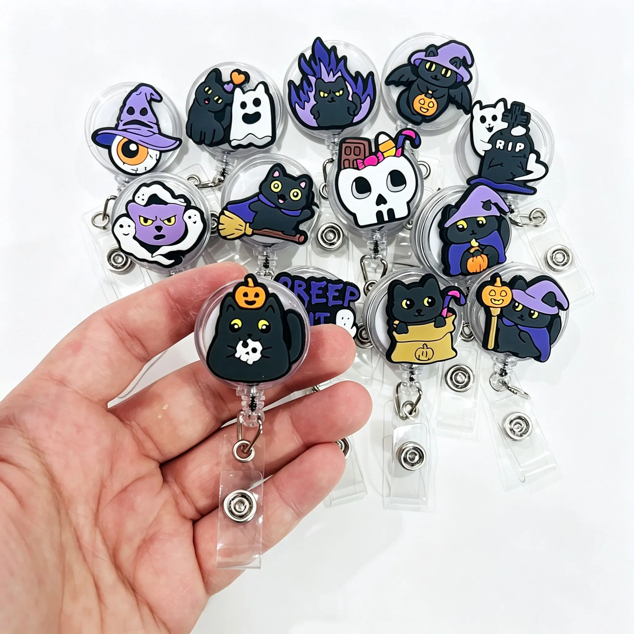 13pcs Halloween Gothic Cat Retractable Badge Reel, Spooky Ghost Skull Pumpkin Witch Hat Acrylic ID Badge Clip, Cute Creepy Name Card Holder Gift, Plastic ID Badge Holder