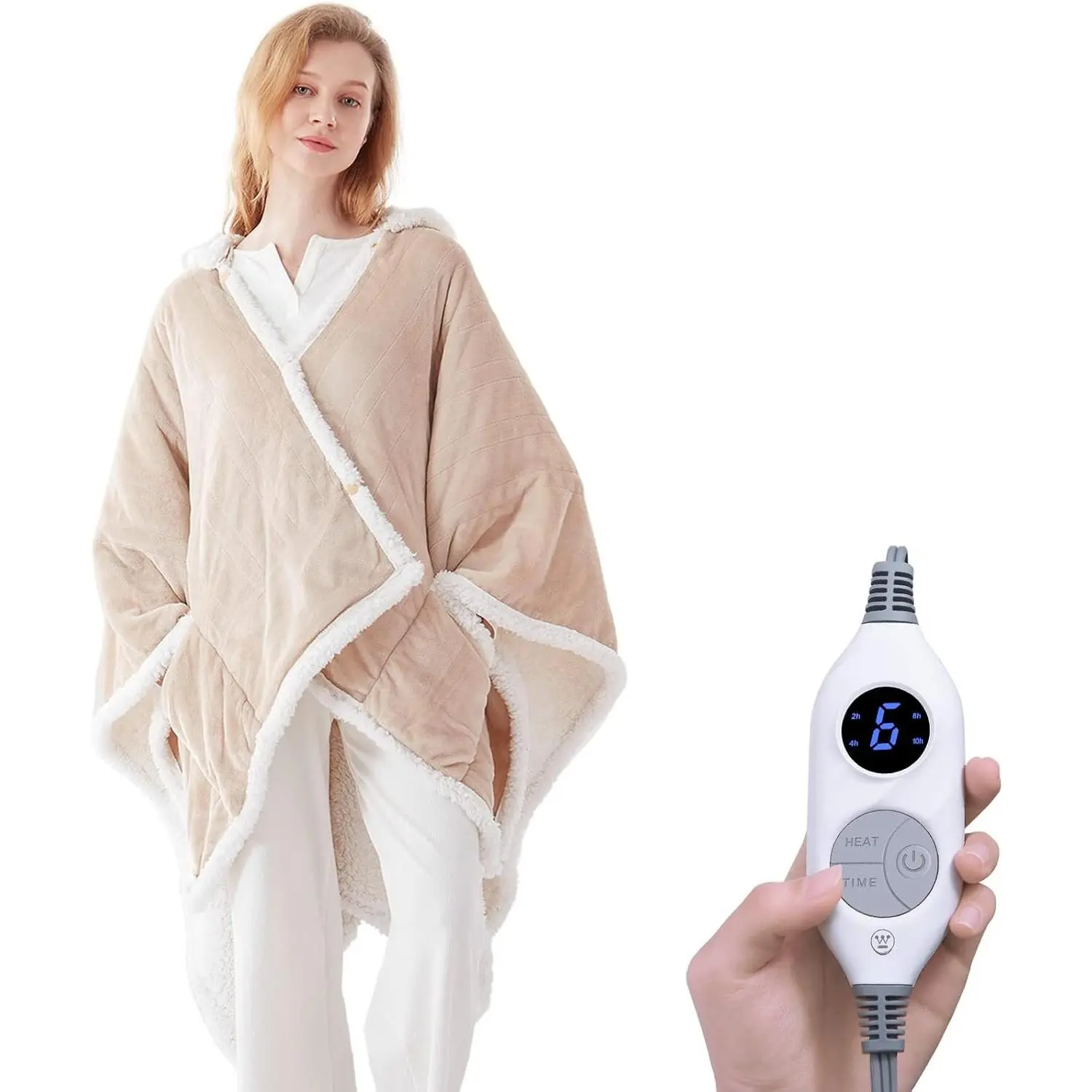Sherpa Flannel Wearable Heated Throw Blanket, 50x60 Inch Beige Poncho Shape with Deep Pockets, Electric Shawl Wrap Hoodie, 6 Heating Levels, 2-10H Auto Shut Off for Office Use