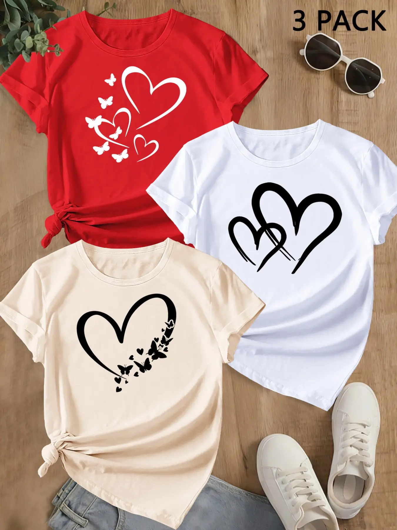 Summer Trendy Short Sleeve, Sporty Heart Print, Women's Casual Loose-Fit Round Neck T-Shirt, Comfortable Summer Top, Perfect for Outdoor Activities, Love
