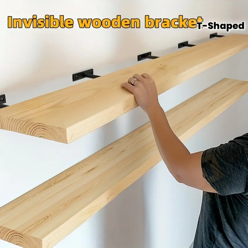 2pcs T-shaped invisible shelf bracket - concealed floating shelf support - thickened hidden bookshelf wood board fixing bracket - suitable for living room/showroom/kitchen/bathroomentryway/niche/bedroom/studio