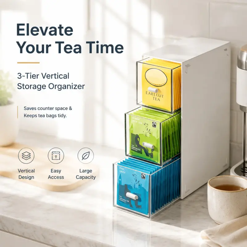 3-Tier Vertical Tea Bag Organizer, Clear Drawer Design, Space-Saving & Large Capacity, Easy Access to Tea Bags, Ideal for Kitchen Countertops, Coffee Bars & Pantry Storage