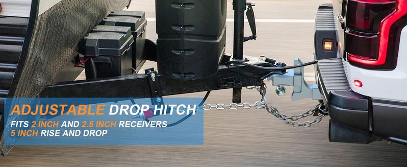 Adjustable Trailer Hitch, Drop Hitch Fits 2 Inch Receiver, GTW 21,500 LBS Aluminum Tow Hitches Dual Ball (2" x 2-5/16"), Heavy Duty Truck Hitch Ball Mount (5 Inch Drop Hitch)