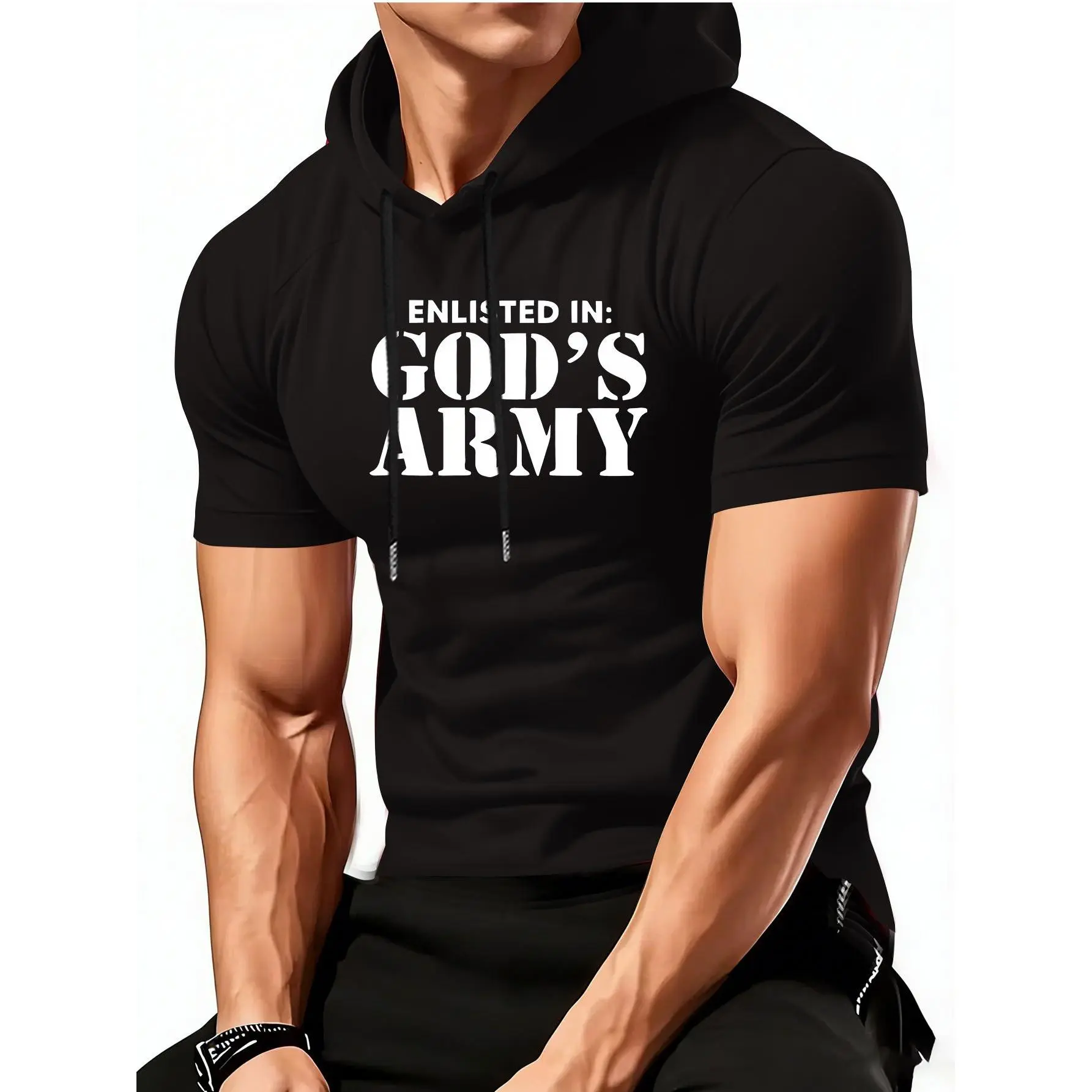 ENLISTED IN GOD's , Religious , Christian Warrior Print Men's Hoodie T-Shirt, Novelty Casual Short-Sleeve Hooded T-Shirt, Loose Fit Hooded Short-Sleeve Printed Top, Versatile Men's Casual Knitwear, Summer Outdoor Casual Short-Sleeve