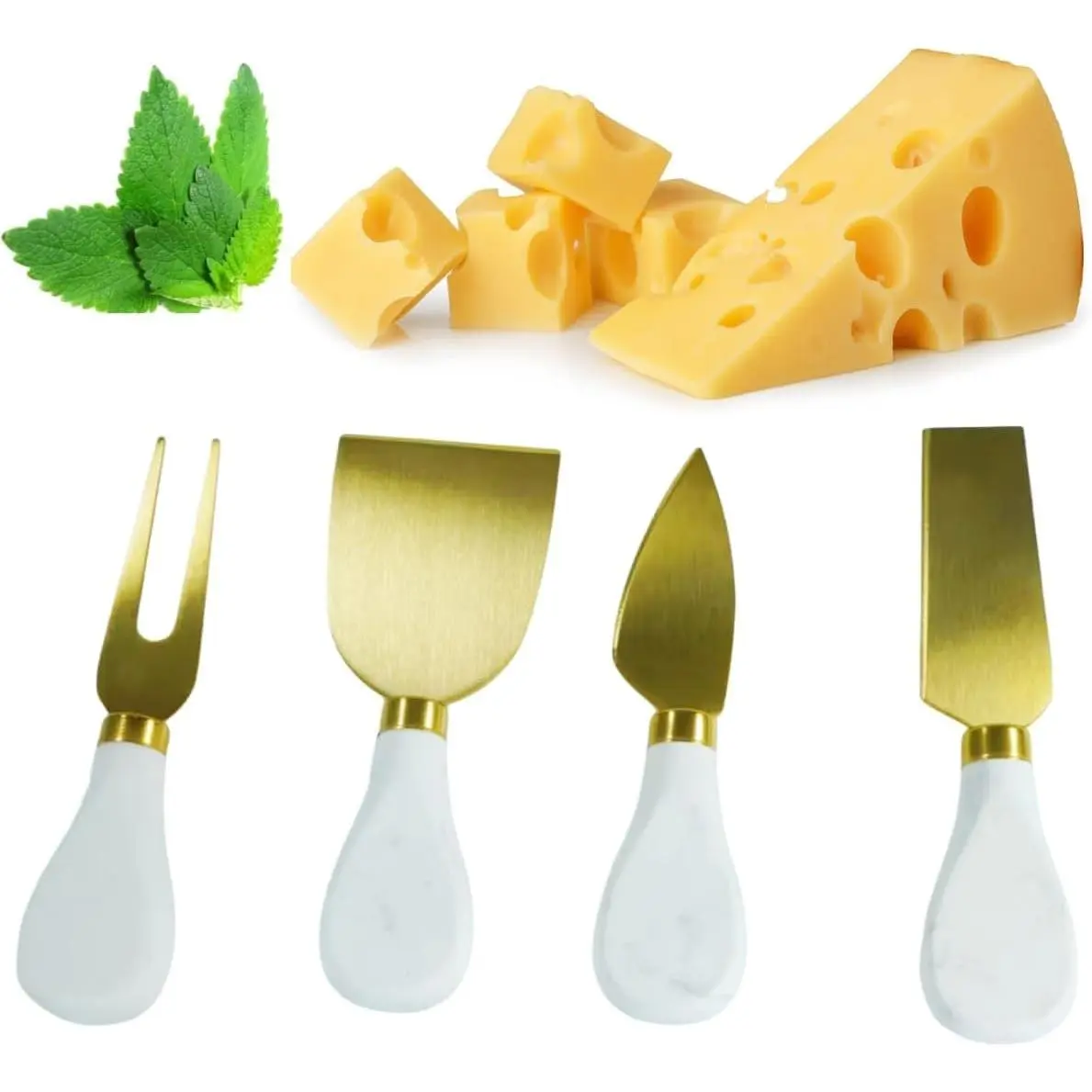 Marble Cheese Knife Set of 4 Gold and White Charcuterie Accessories, Heavy Marble Handle Butter Spatula Sandwich Cream Knives Cheese Spreader Cutter,Housewarming Gift