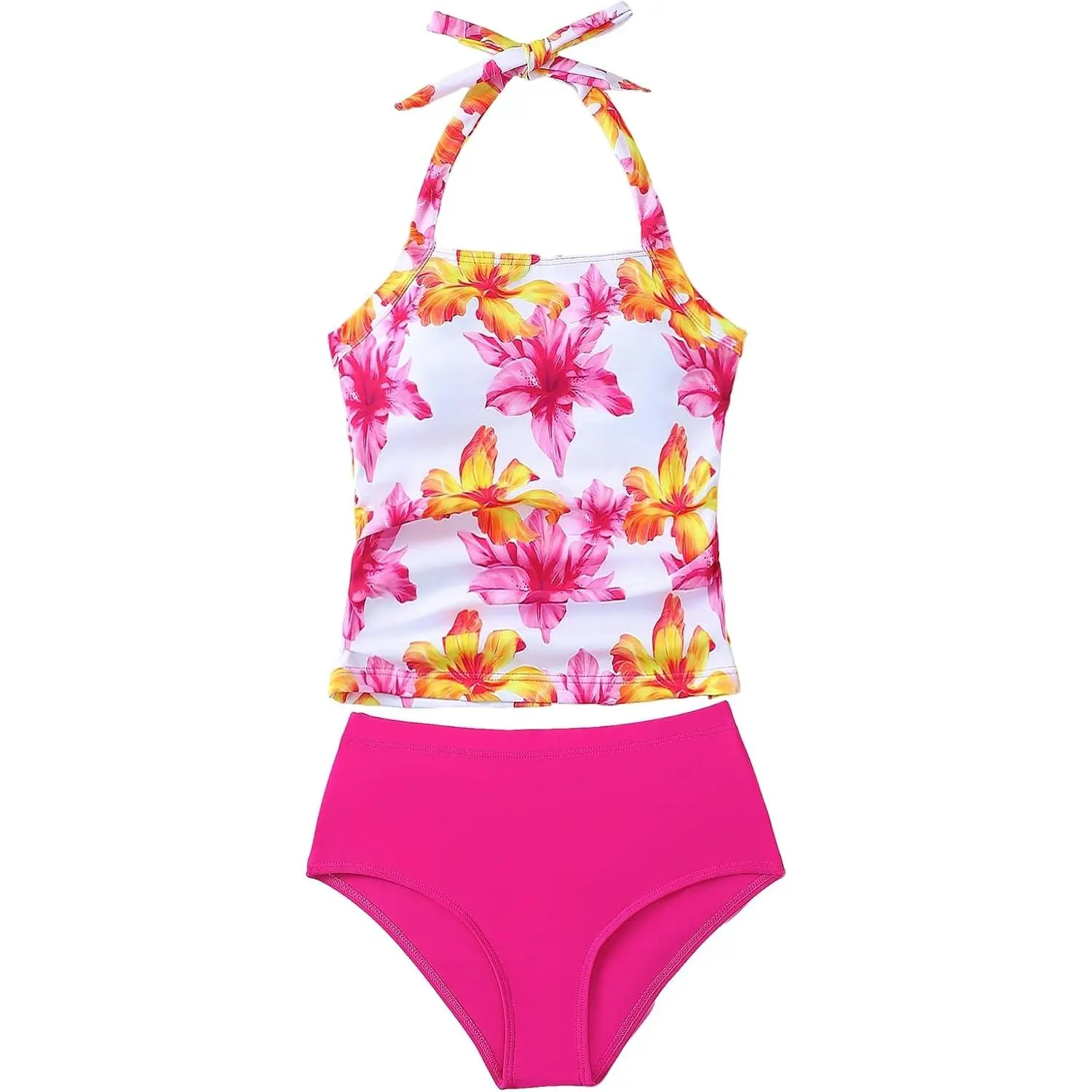 Girls Tankini Swimsuit 2 Piece Halterneck Bathing Suit Adjustable Straps and Removable Bra for Girls and Teen 7-16Y(Gift)