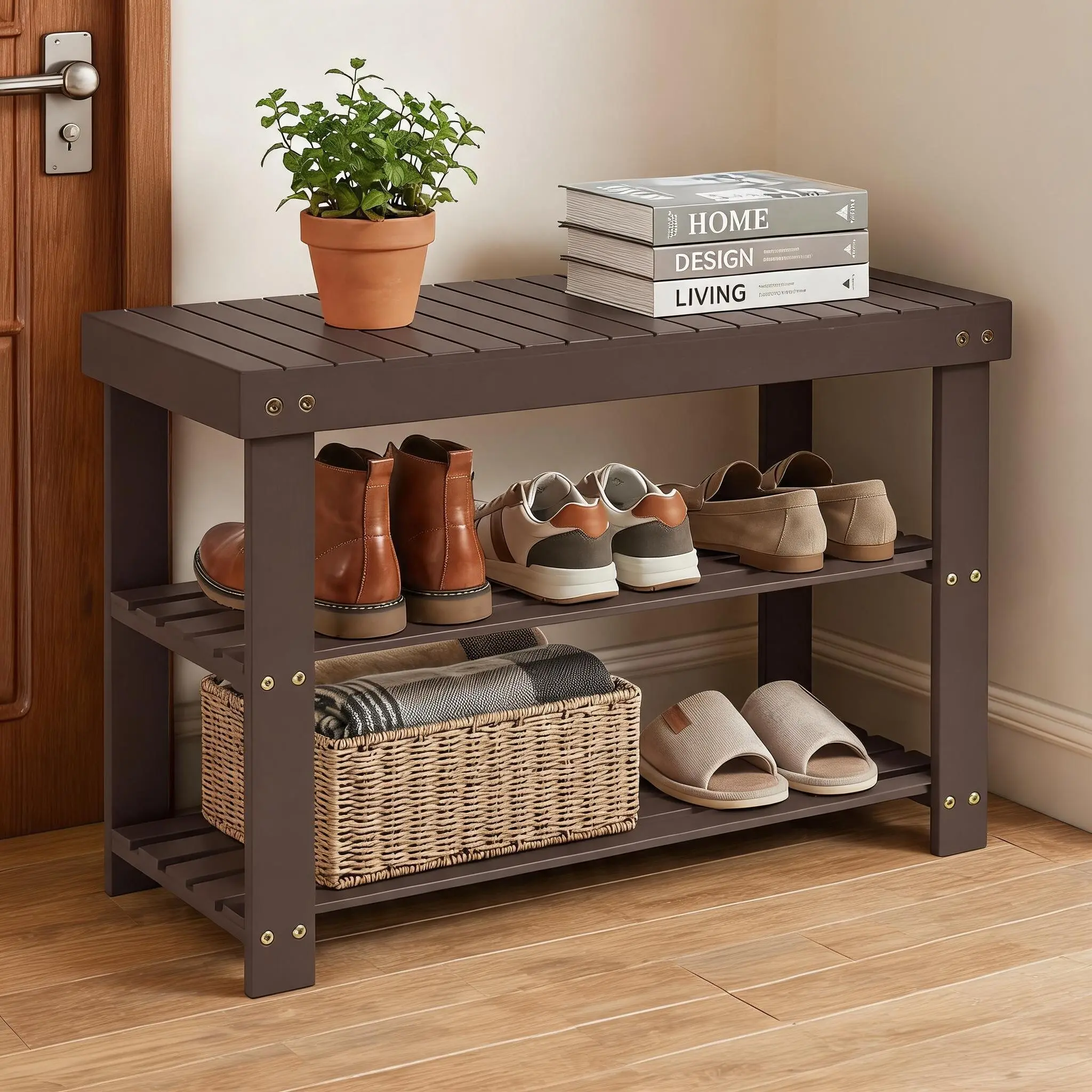 Solid Wood 3-Tier Entryway Shoe Bench with Seat - Solid Wood Furniture, Water-Resistant Indoor Storage Organizer, 286lbs Capacity for Foyer, Bedroom