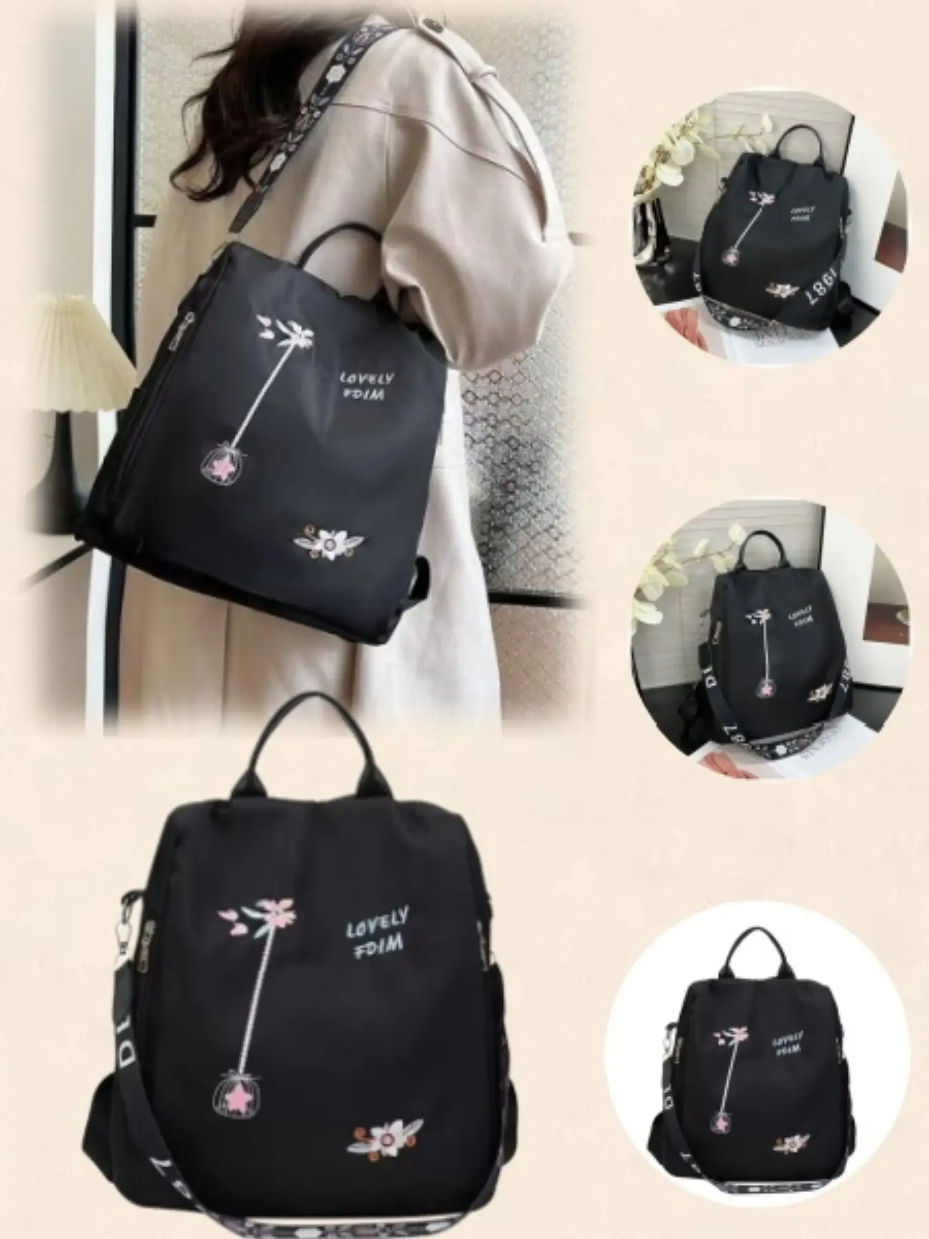 Embroidered Backpack, Durable Waterproof Nylon, Lightweight & Spacious, Boho Detachable Straps, Anti-Theft Zip, Perfect for School & Travel