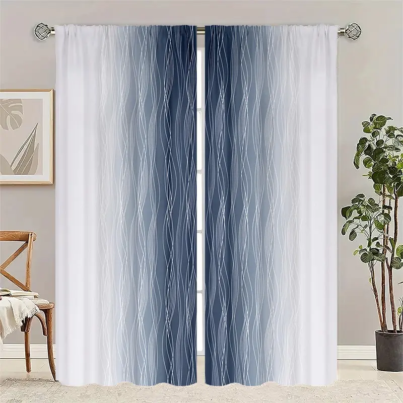 2-Pack Blue Gradient Wave Curtains, & Abstract Design, Semi-Transparent Rod-Pass Through Style, Modern Minimalist Home Decor