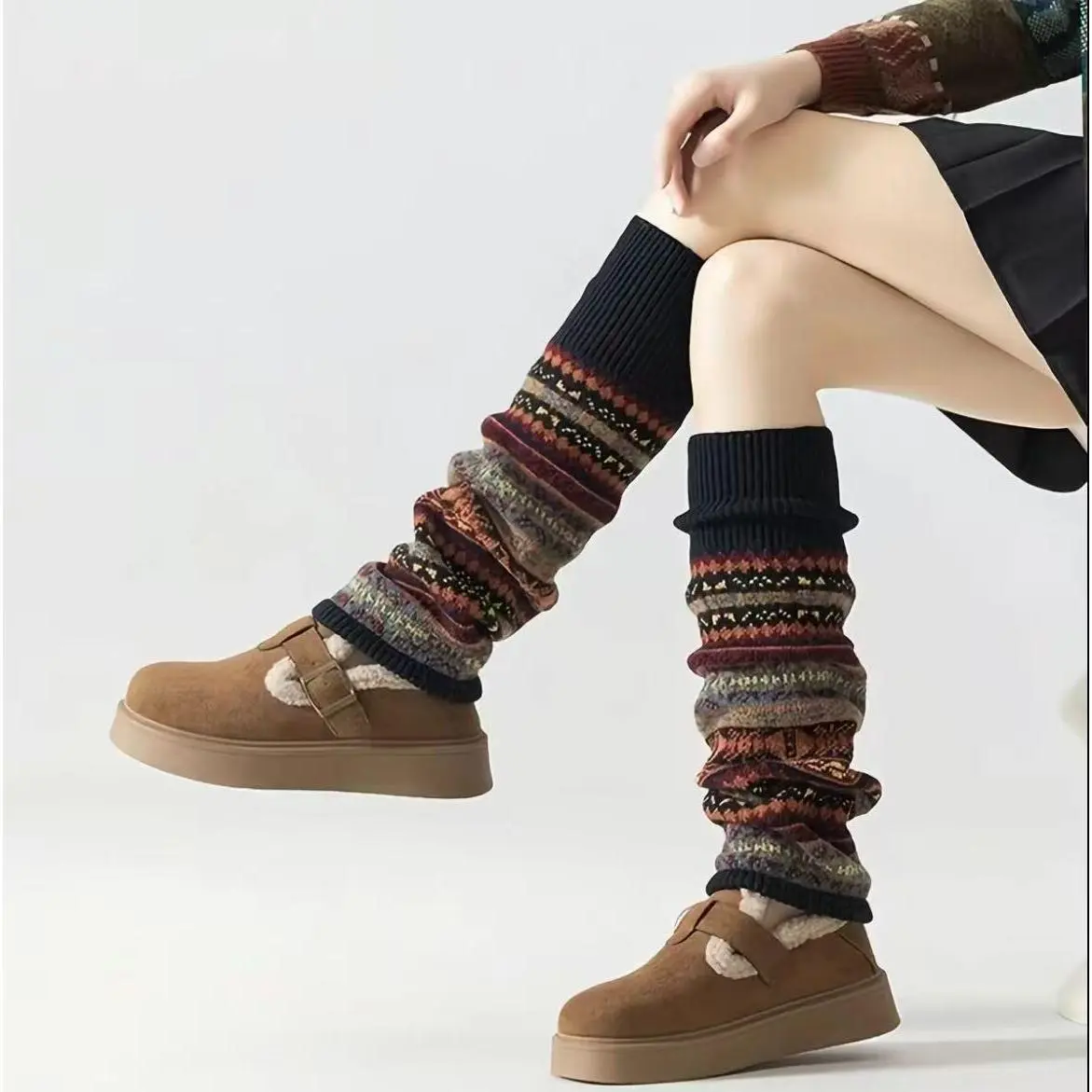 Women's Bohemian Knee‑High Boot Socks, Thick Wool‑Blend Ribbed Knit Plush Leg Warmers, Non‑Slip Elastic Top Band, Soft Thermal Warm Socks, Comfortable Fit for Autumn Winter Daily Cold‑Weather Outfits