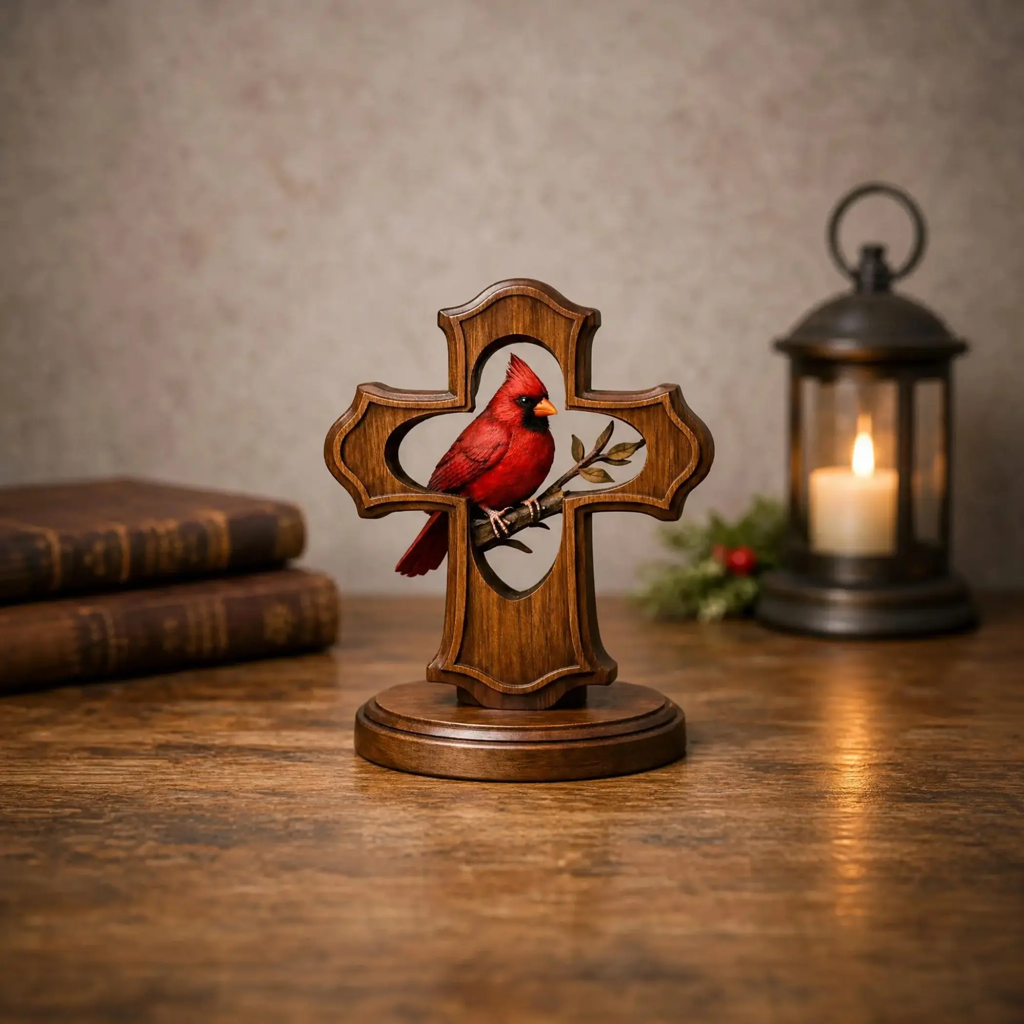 Nordic Style Resin Red Bird Statue Figurine with Wood-Look Finish, Trendy Desktop Ornament, Modern Home Decor Shelf Accent, Interior Decoration Accessory, Decor Figurine Ornaments, Ideal Gift for Supplies Enthusiasts