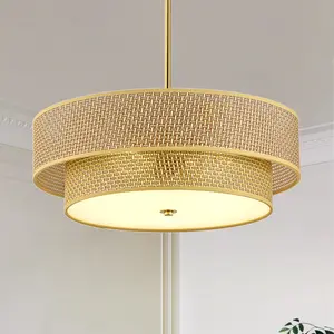 17.7 Inch Woven Rattan Linen Semi Flush Mount Ceiling Light Fixture, Modern Boho Drum Lamp for Bedroom, Kitchen, Dining Room, Living Room, Hallway, Entryway, Farmhouse Gold Wicker Chandelier