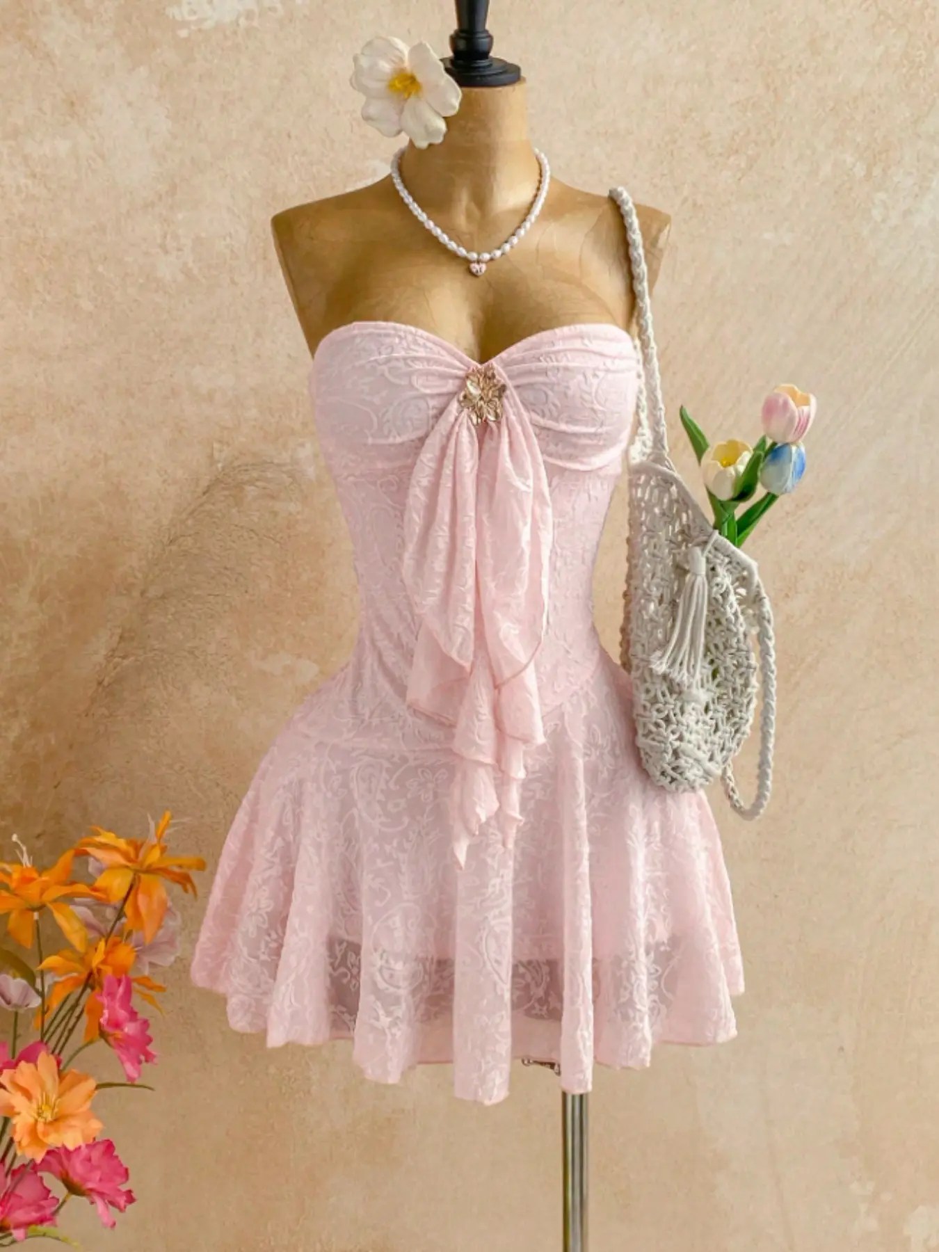 Women Sweetheart Strapless Embossed Lace Mini Night Dress, Front Ruffle Floral Brooch, Slim Fit Flared Skirt, Soft Cozy Loungewear, Nightwear, Feminine, Cute