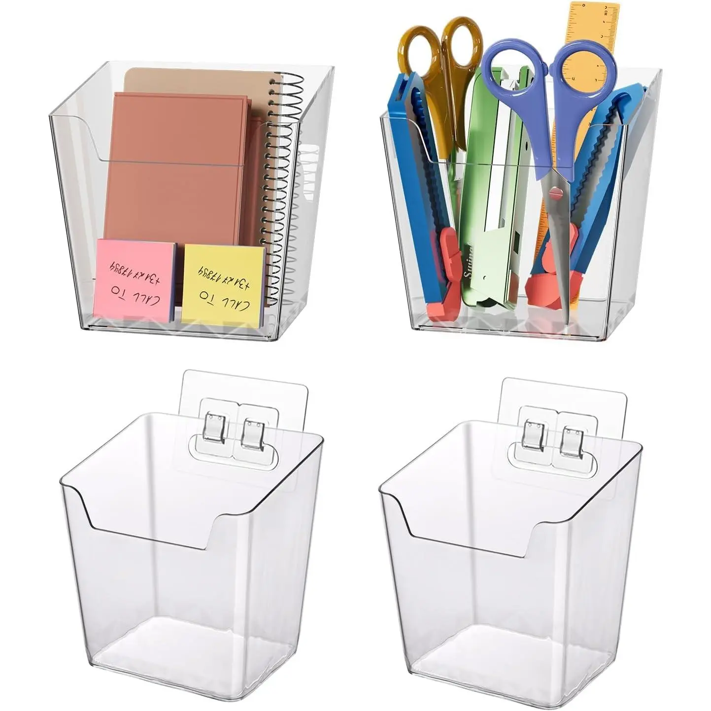 Clear Adhesive Wall Storage Bins, 4 Pack Cabinet Door Organizer Holders, Hanging Wall Mount Pockets, Plastic Cups for Shower Bathroom Makeup Office Craft Remote Kitchen Sink RV Organization (Medium)