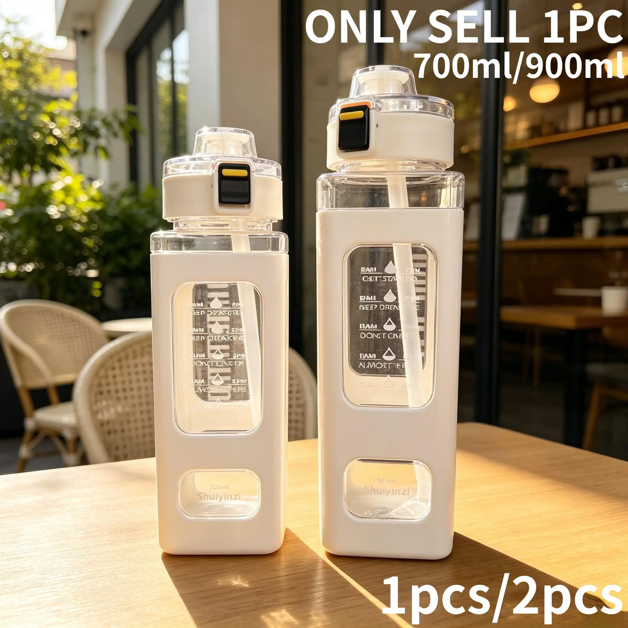 Wind Square Dual Straw Water Cup, 700ML/900ML Large Capacity, Lightweight Portable Bounce Lid Leak-Proof, Transparent Plastic Travel Mug, Water Bottles