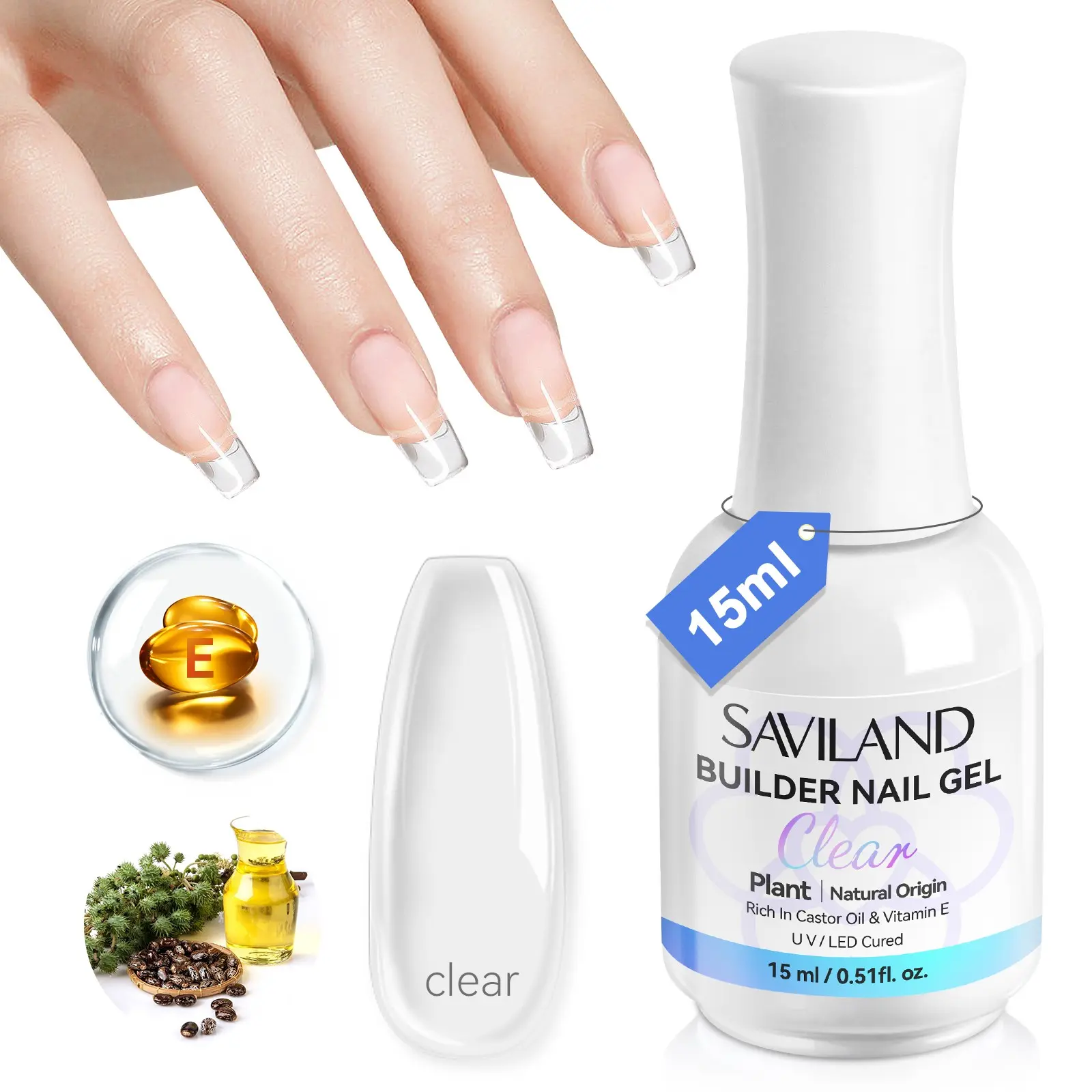 SAVILAND Clear Builder Nail Gel 8 in 1 Gel Builder for Nails with Vitamin E Castor Oil Plant Based Gel in a Bottle for Nail Extension Curved Nails Home Nail Art DIY Nail Manicure Kit