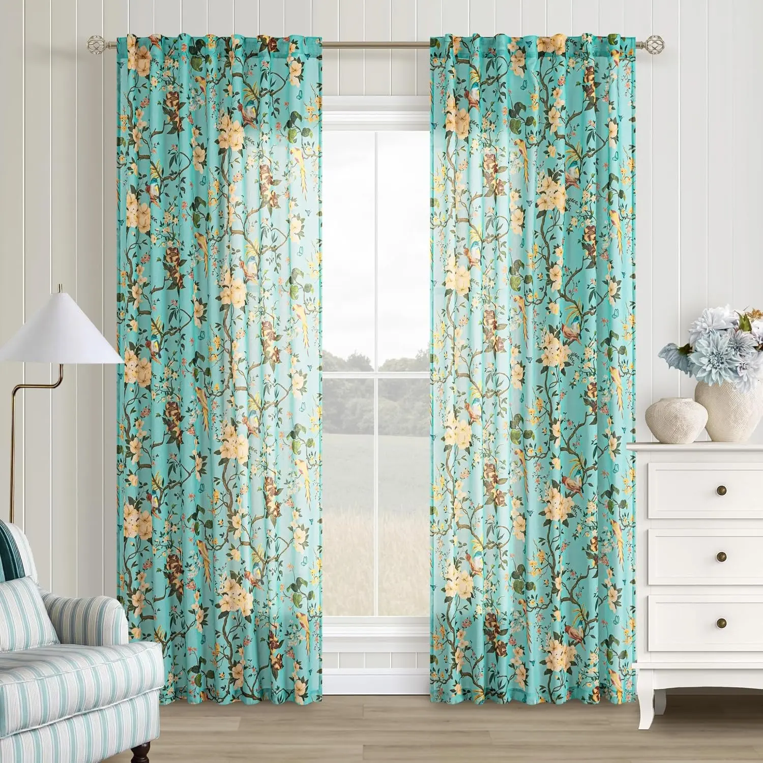 Blue Bird Semi-Sheer Curtains 2 Pcs, Floral Coastal Bohemian Pattern, Light Filtering, Living Room Bedroom Home Decor
