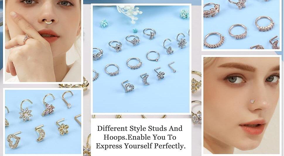 Exquisite  Summer 16Pcs Nose Rings - Women's Surgical Steel Nose Studs & Hoops (20G, L Shaped, Corkscrew, Gold, Silver)