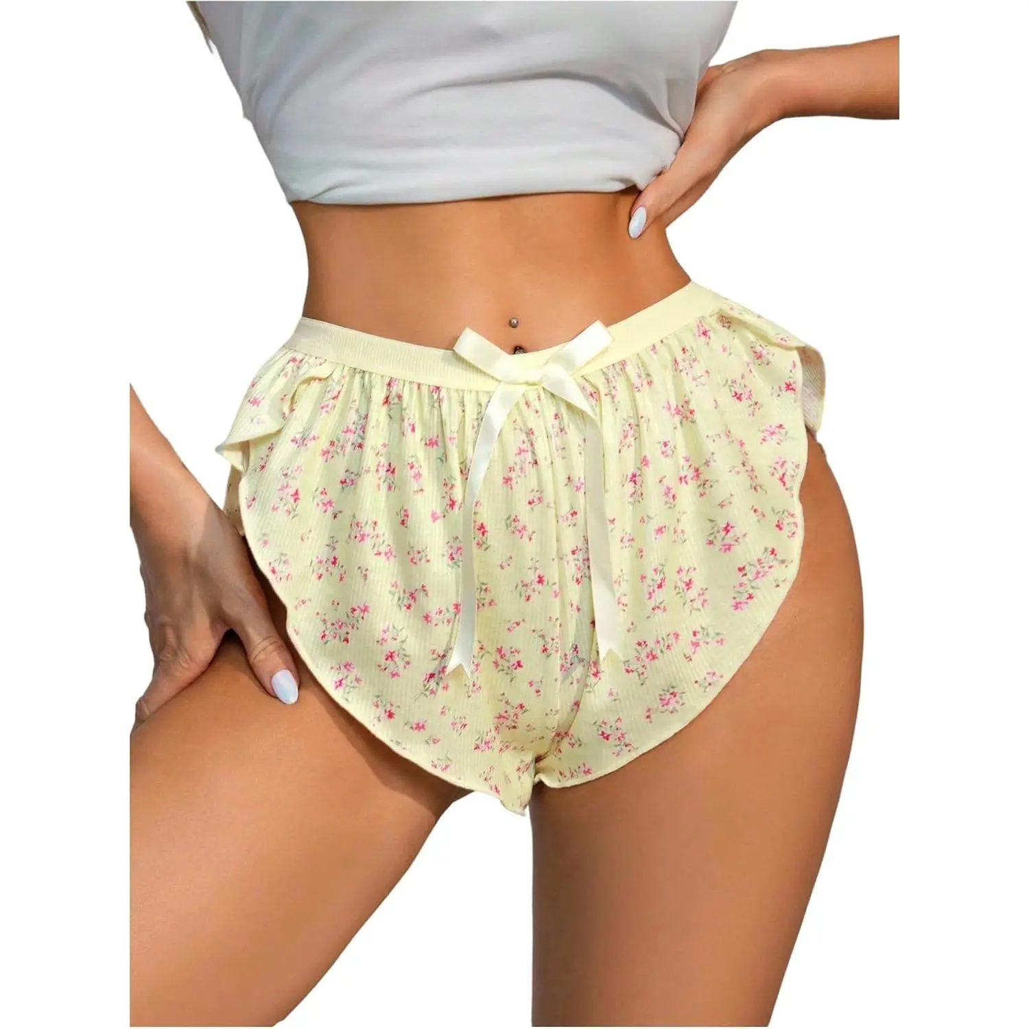 Women's Floral Cheeky Split-Leg Pajama Shorts - Cute, Lightweight Fabric Nightwear, Coquette Flowy Loungewear Sleep Bottoms, Pyjamas, Sexy, Mid Rise, Floral Print, Hand Wash, Breathable, Bow Front, Cute Pajamas, Pajama Party