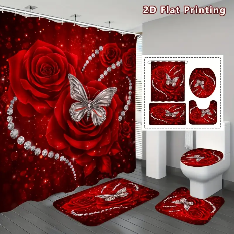 4-Piece rose and butterfly Shower Curtain Set For Bathroom, red rose and sparkling butterfly bathroom decoration, including bath mat, U-shaped mat, toilet cover cover, shower curtain with hook, romantic flower and animal patterns, bathroom accessories