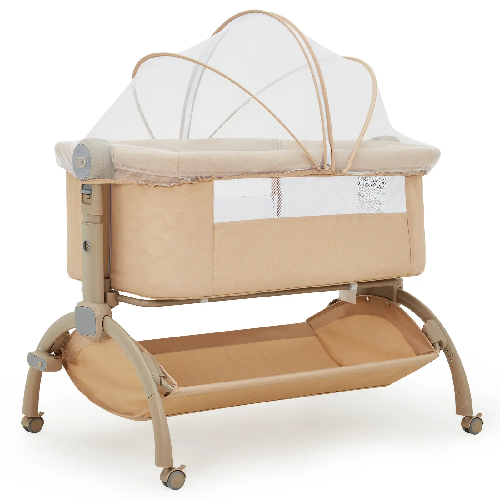 3-in-1 Baby Bedside Crib – Adjustable Height, Breathable Mesh, 360° Wheels, Collapsible Side, Detachable Mosquito Net & Storage Basket, Portable Travel Cot (Dark Grey/Khaki)