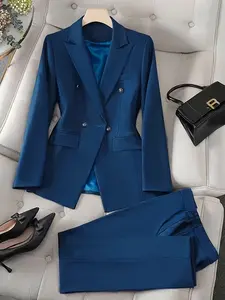 Double-Breasted Two-Piece Suit Set, Long Sleeve Blazer + Straight Leg Pants, Professional Office Wear, Nk-Wry-024