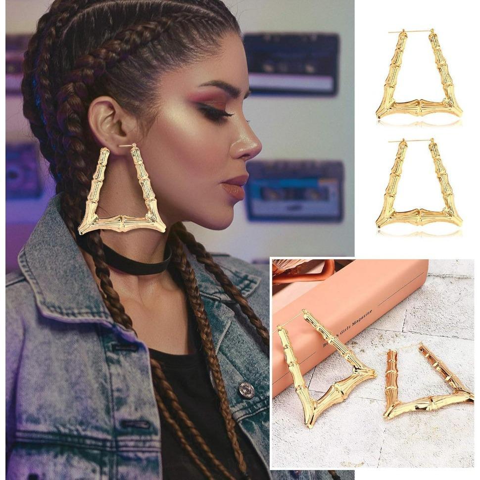 FINREZIO 8 Pairs Bamboo Earrings for Women Large Different Shape Bamboo Hoop Earrings Set Chunky Silver Gold Big Hoop Earring Hip-Pop Style Fashion Custom Jewelry Party Accessory Daily