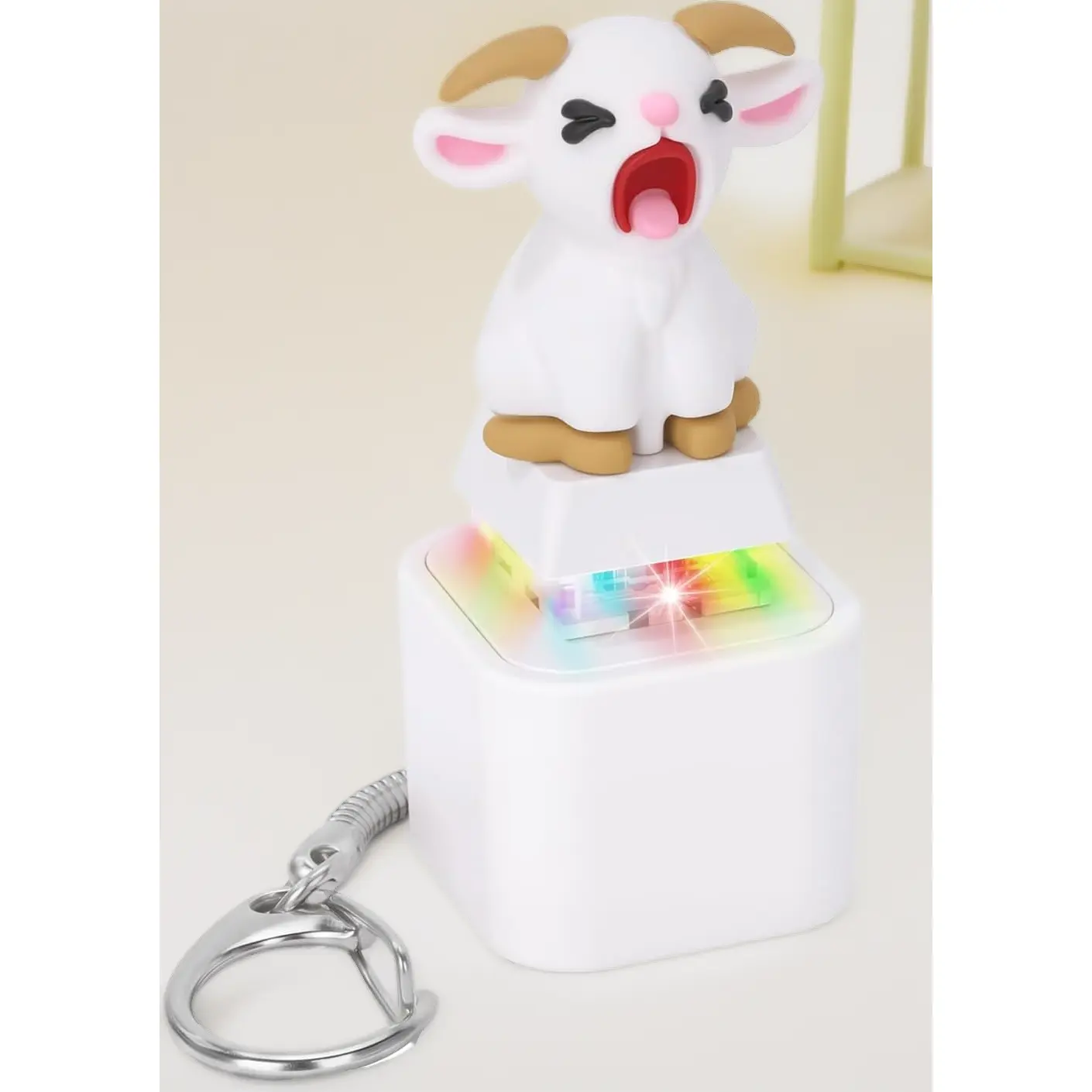 Rechargeable Squeaking Goat Keyboard Keychain Fidget Toy, LED-Lit Keyboard Keychain Fidget Clicker with Scream Sound for ASMR Desk Office Gag Gifts (White)