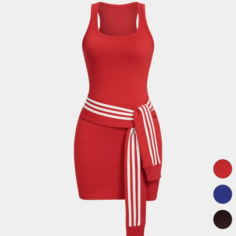 Women's Sleeveless Striped U-Neck Mini Activewear Dress, Tie Knot Design, Casual Summer Fashion, Lightweight, Breathable & Comfortable, Perfect for Daily Wear