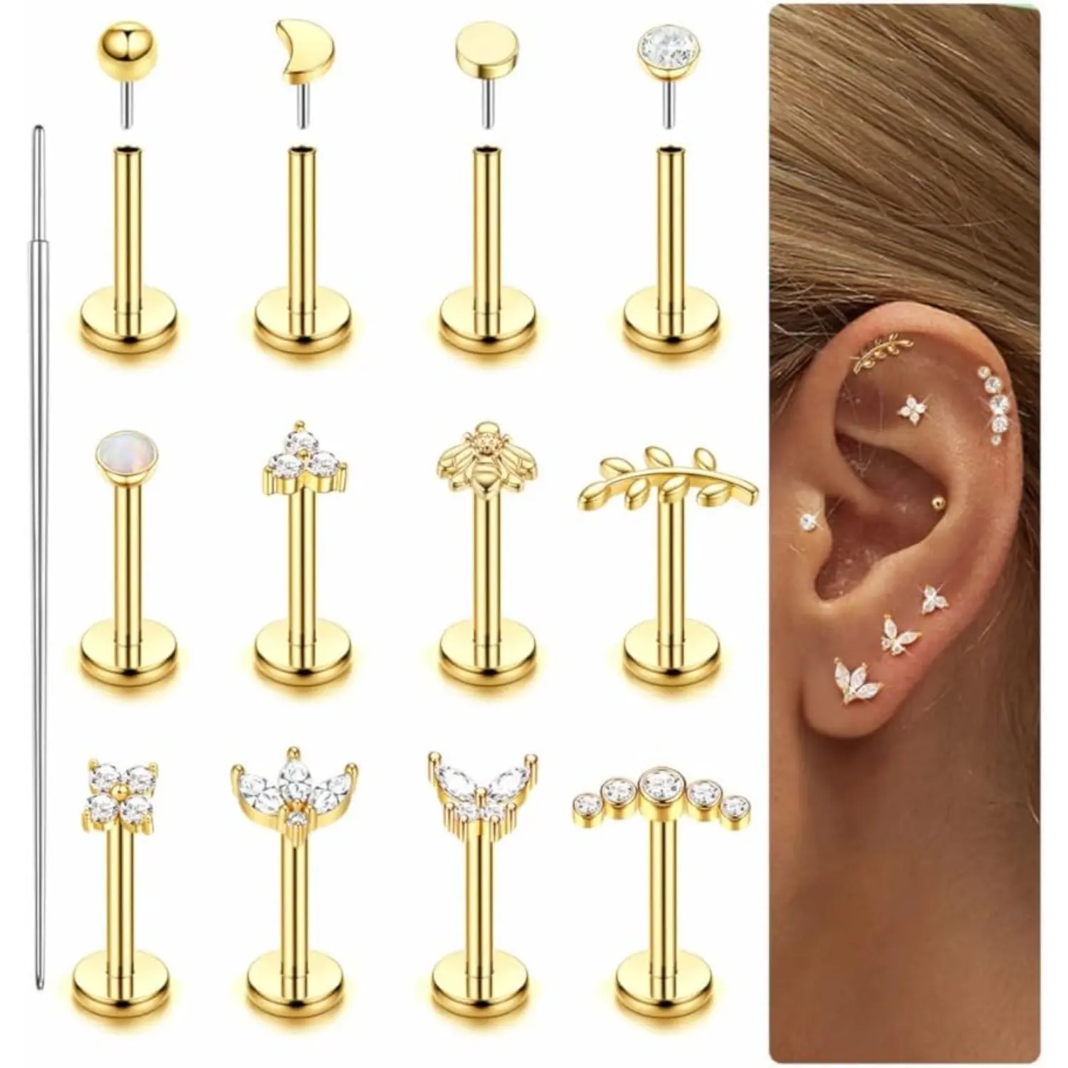 Fansilver 14K Gold Plated Threadless Push-In Clip-In Flat Back Stud Earrings - 316L Surgical Steel Multi-Size Body Jewelry Accessory for Women (16g:6mm/18g:6mm/20g:8mm) Everyday Wear CZ Helix Cartilage Piercing