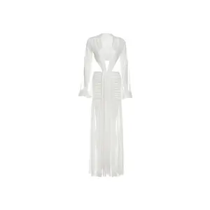 Elegant Long Evening Gown with  Mesh, Featuring Ruched Long Sleeves, Perfect for Formal Parties And Banquets