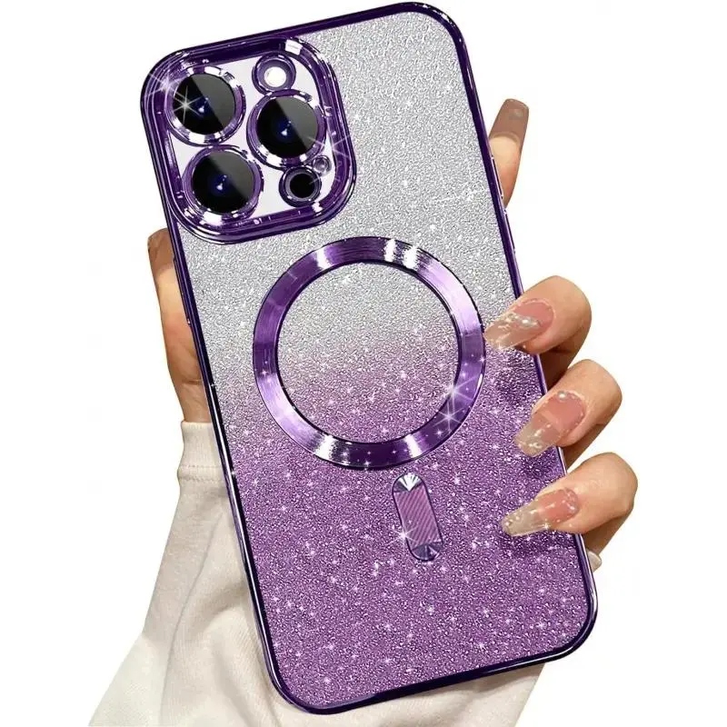 Magnetic Phone Cases for iPhone 17 Pro Max 16 15 14 13 12 11 Pro Max Plus  Magnetic Glitter Case Compatible with MagSafe,Camera Lens Protector Full Protection Elegant Anti-Scratch Dust-Proof Net Case Cover for iPhone 16 Pro Max Purple