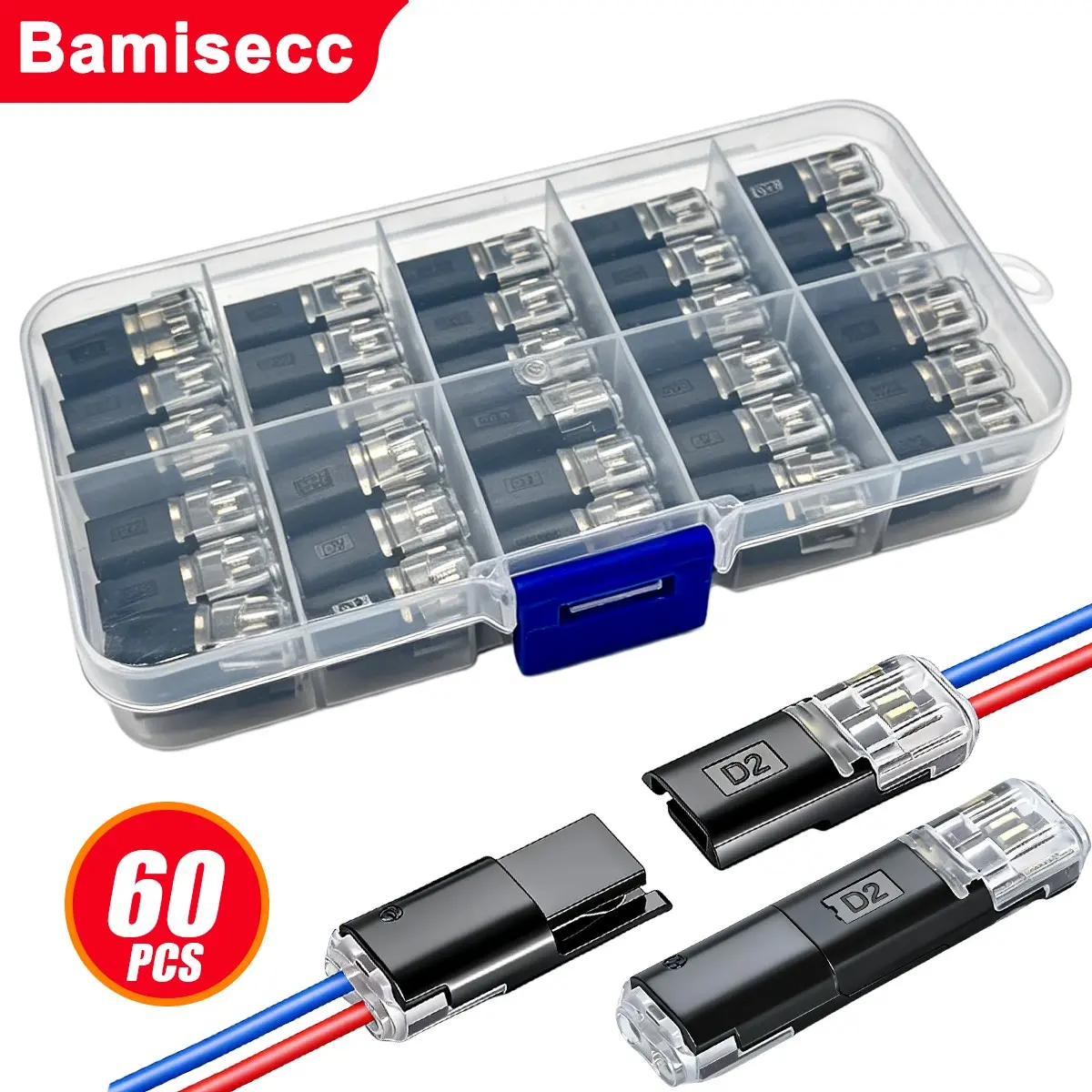 60pcs D2 Dual Wire Solderless Quick Connectors, 2 Pin 2 Port Locking Terminal, PVC Insulated Copper Contact, Car LED Light, Household Wiring Connector