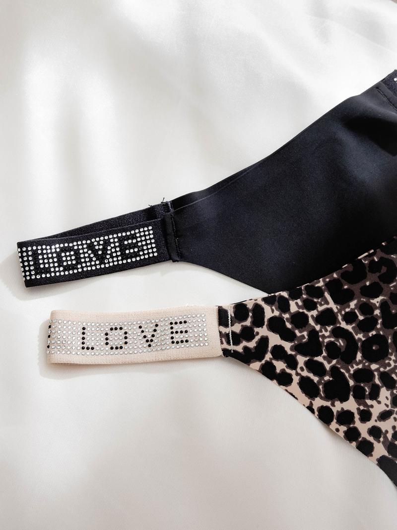 Women's Leopard & Letter Print Rhinestone Decor Thong, Soft Comfy Breathable Drop Waist Panty for Daily Wear, Underwear for All Seasons, Summer Outfits 2024
