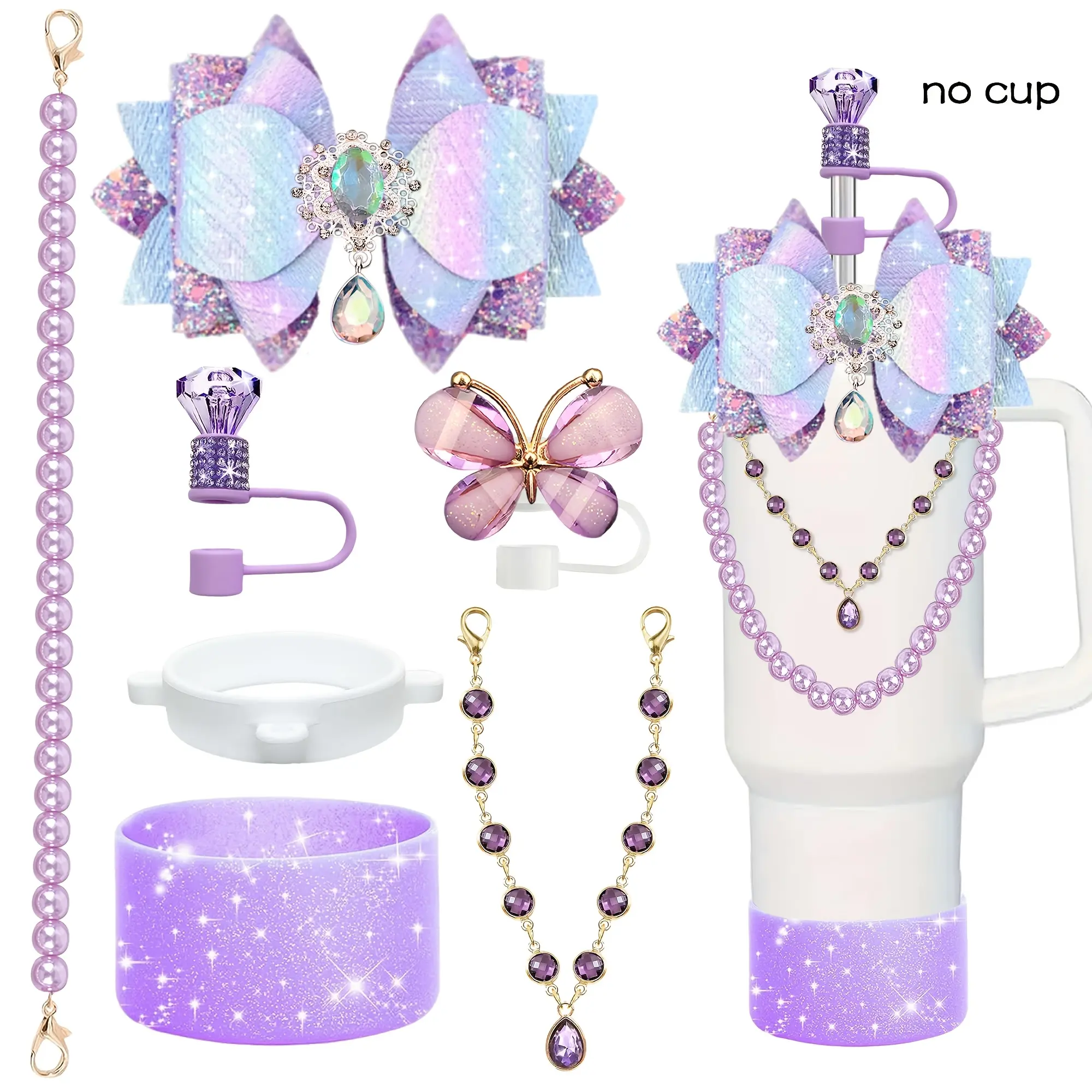 7PCS Cute Bow Butterfly Straw Covers & Cup Charms, Aesthetic Silicone Water Bottle Accessories for Stanley Cups, Tumblers & Travel Mugs, Reusable Non-Slip Straw Toppers, Girly Drinkware Decor Gift for Women & Teens
