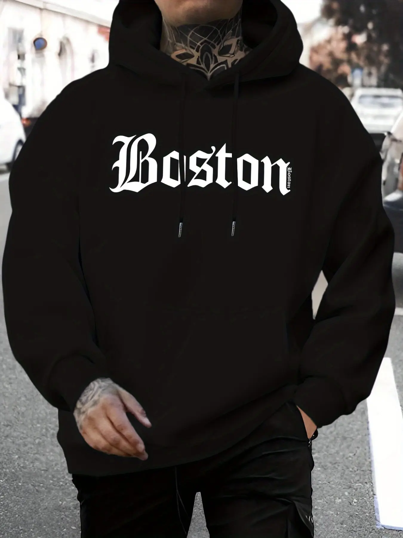 Men's Boston Pattern Hoodie, Casual Fashion Pullover with Drawstring, Polyester Fiber Sports Jacket, Long Sleeve, Fall Winter Comfort