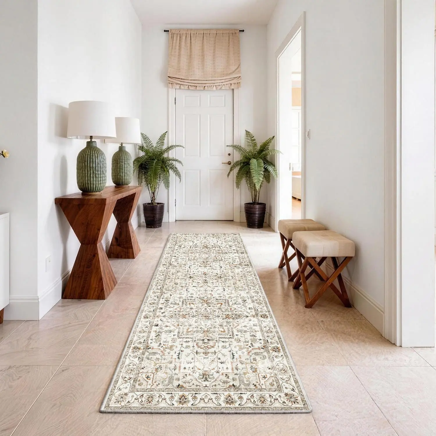 Runner Rug 2x6 Cream/Taupe – Washable  Boho, Ultra-Soft | Stain-resistant runner carpet with non-slip backing and low-pile 4-layer design for hallways, entryways and kitchens.