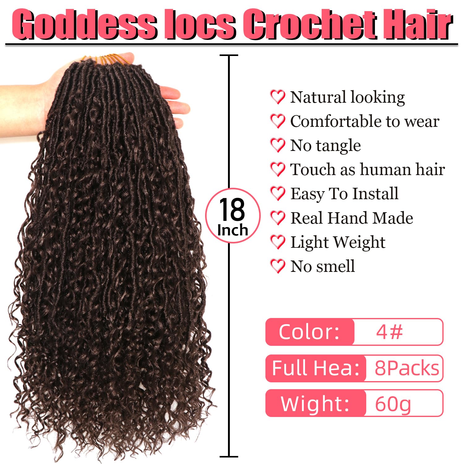 THE WELL KEPT Goddess Locs Crochet Hair-18 Inch 8 Packs Boho Faux Locs Crochet Hair for Black Women Pre Looped Soft Locs with Curly Ends (#4, 18 Inch(Pack of 8))