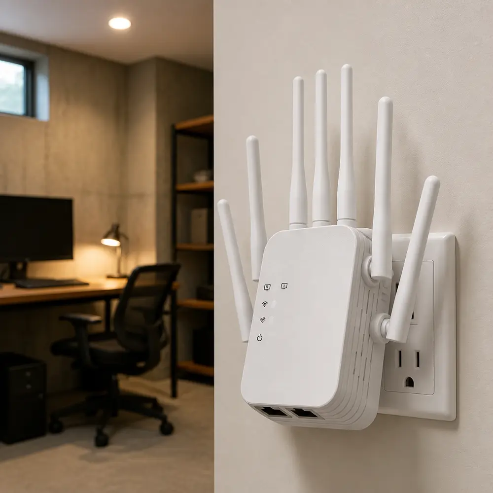 Plug In WiFi Signal Booster Dual Band Repeater with 6 Antennas for Basement Garage and Multi Room Home