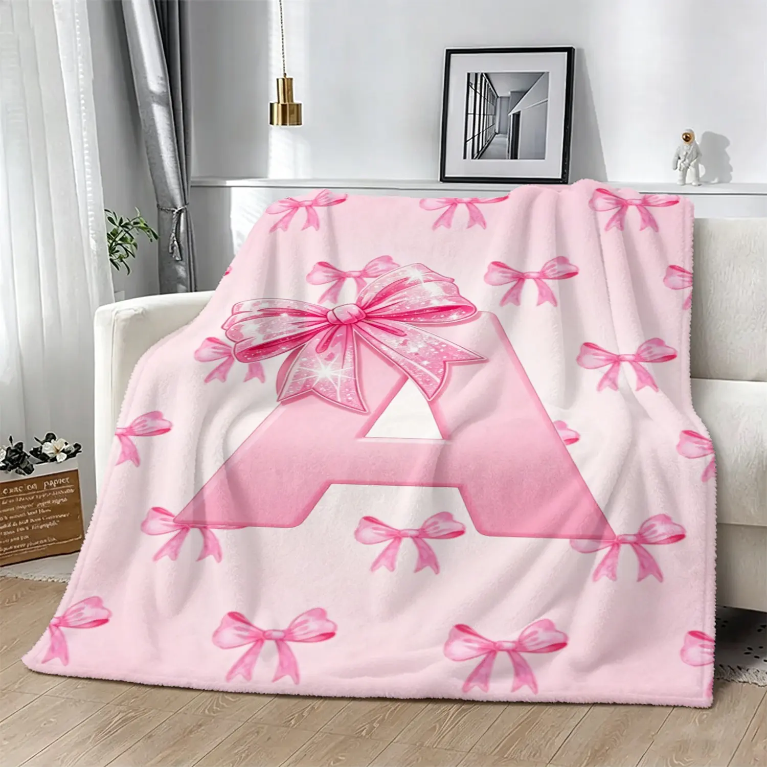 Letter A~Z Pink Bow Print Throw Blanket, Soft Flannel Decorative Blanket, Cute Pastel Pink Ribbon Bow Pattern Plush Blanket for Sofa, Bed, Couch & Indoor Camping, Gift for Teen Girls Bedroom Decor