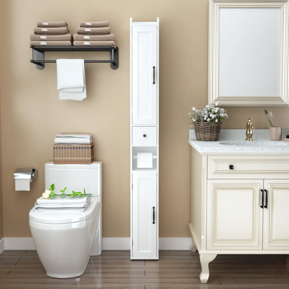 67.5" Tall Narrow White Waterproof Wood Freestanding Base Bathroom Floor Cabinet - 2 Doors, Open Compartments, Adjustable Shelf, 3 Height Options, Detachable Tissue Holder, Anti-Tip Storage Organizer, 20-25 Kg Capacity, Assembly Required, for Small Spaces