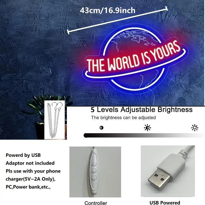 3D Neon Sign, USB Powered Neon Light, Decorative Neon Light, Neon Lamps, Creative World Is Yours Neon Sign, Wall Decor for Home Bedroom Living Room, Home Decor