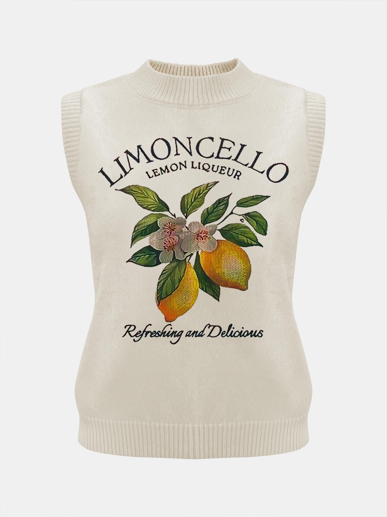 Women's Lemon Print Round Neck Sweater Vest, Casual Fitted Sleeveless Crew Neck Knit Top for Daily Wear, Ladies Clothes for All Seasons, Sleeveless Graphic Vest, Womenswear, Chic Elegant Vest