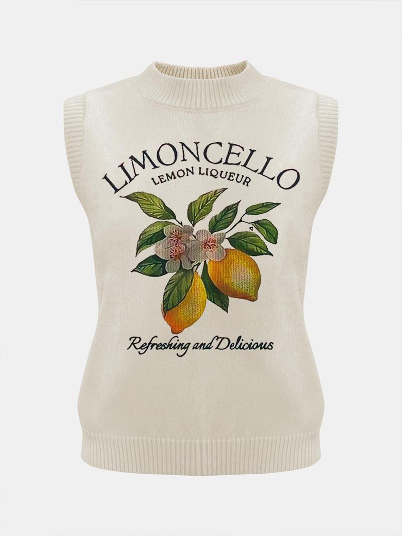 Women's Lemon Print Round Neck Sweater Vest, Casual Fitted Sleeveless Crew Neck Knit Top for Daily Wear, Ladies Clothes for All Seasons, Sleeveless Graphic Vest, Womenswear, Chic Elegant Vest