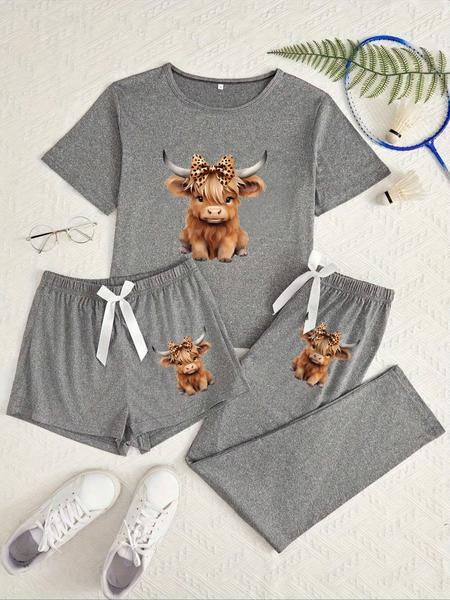 Cartoon Highland Cow Print Women's Pajama Sets, Casual All Seasons Nightwear, Fitted Knitted Fabric Sleepwear