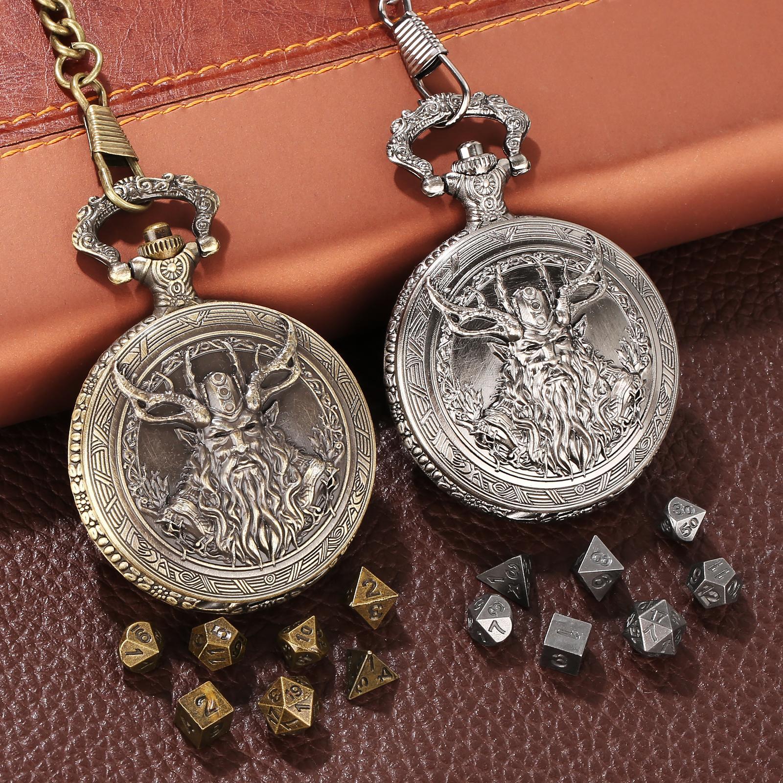 Druid Half Orc Design Pocket Watch Gift Box Set, 1 Set Vintage Pocket Watch with 1 Count Chain & 7 Counts Dice, Role Playing Game Dice Props