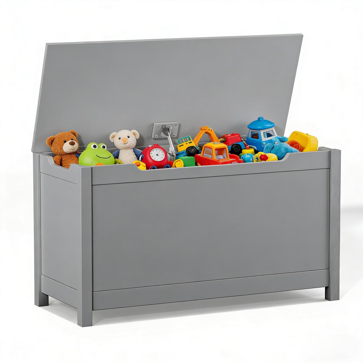 Kids Wooden Toy Box Storage with Safety Hinged Lid for Ages 2+ (Gray)