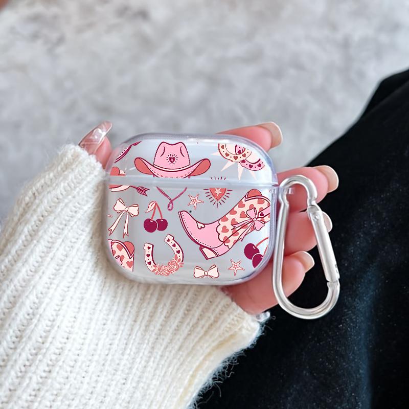 Pink Cowgirl Dream Pattern TPU Soft Protective Case for Apple AirPods 4/3/2/1/Pro/Pro2 Transparent Earphone Cover with Keychain Attachment