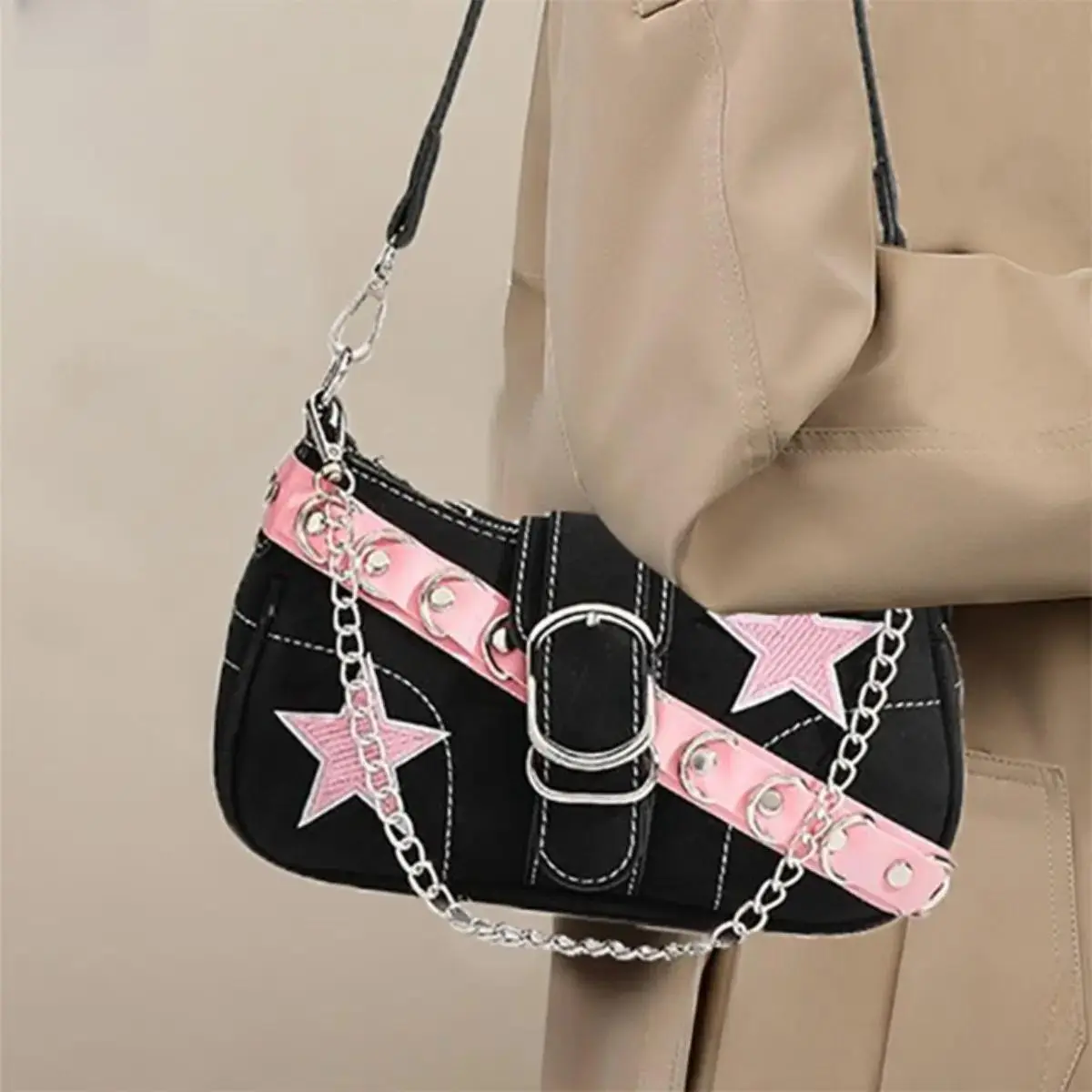 Y2K Color Block Star Mini Baguette Bag Pink PU Leather Women Street Party Shoulder Purse